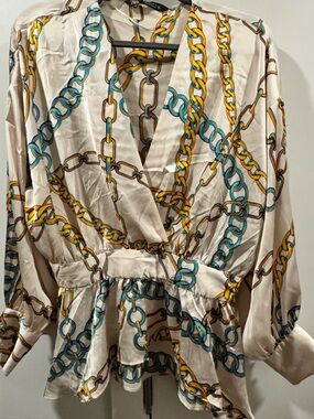 Zara Cream Satin Blouse with Teal & Yellow Chain Print